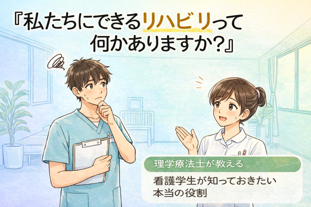 看護実習中に理学療法士から話を聞く看護学生のイメージ。 リハビリは訓練だけでなく、日常の看護ケアが「動きが出る環境」をつくっていることを表しています。 看護学生がリハビリ見学の意味を理解するきっかけとなる場面です。